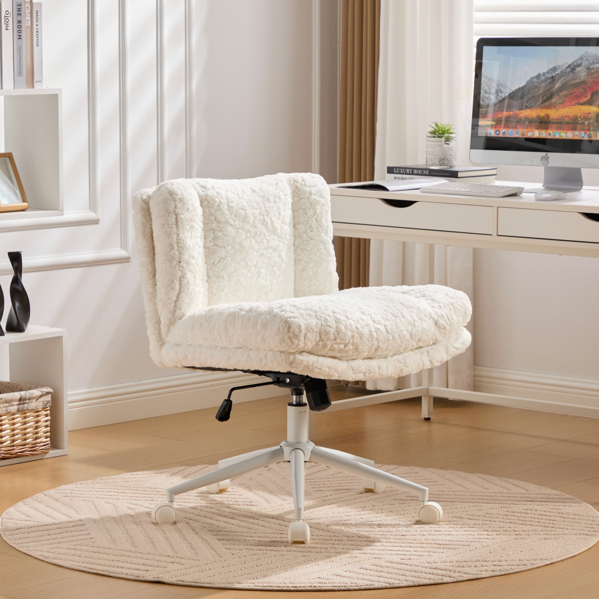 GDFStudio Mila Modern 360? Swivel Faux Fur Upholstered Office Chair with Adjustable Height and 5 Casters, Cream