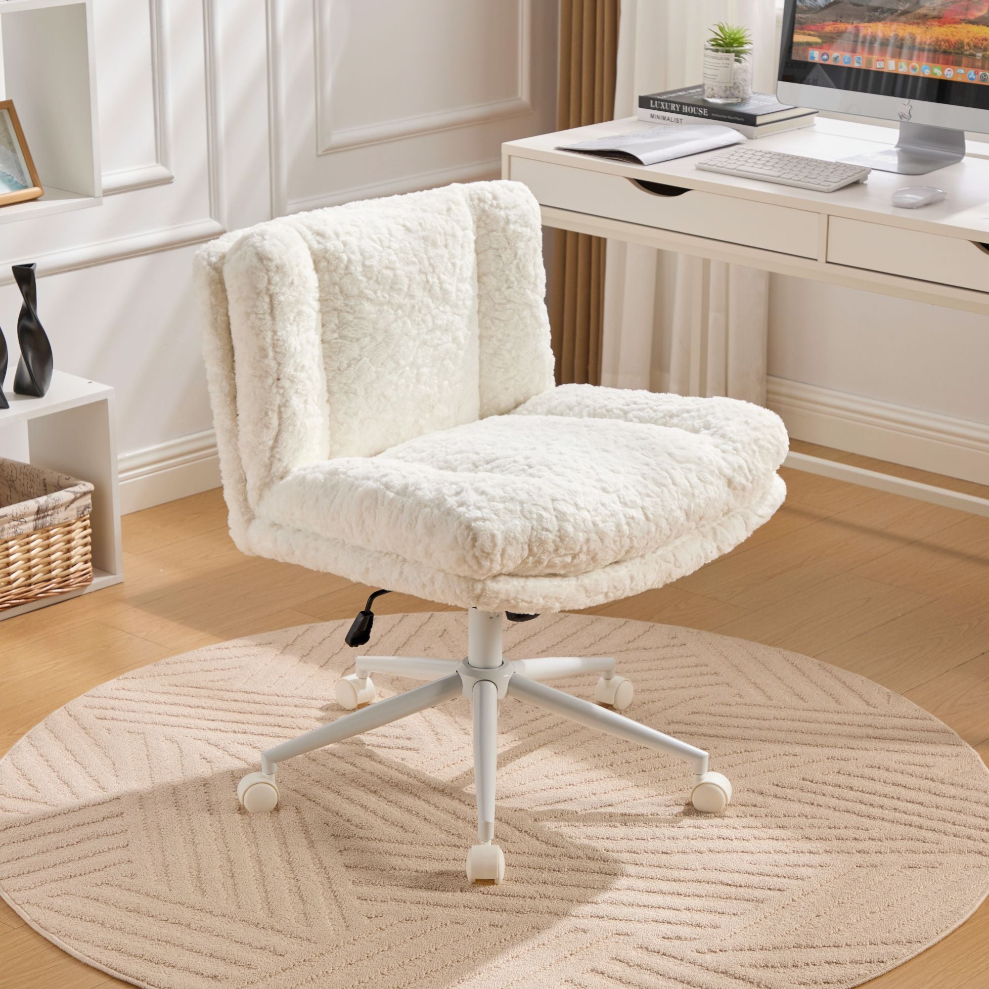 GDFStudio Mila Modern 360? Swivel Faux Fur Upholstered Office Chair with Adjustable Height and 5 Casters, Cream