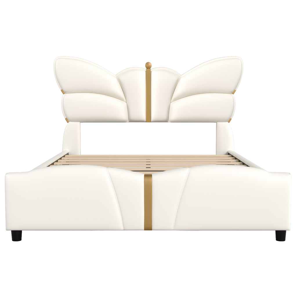 Christopher Knight Home Butterfly-Headboard PU Leather Platform Bed with Wood Slats & Metal Accents