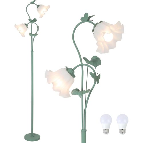 GDFStudio Eryn Vintage Flower Floor Lamp with 1 Acrylic Shade, 2 LED Bulbs and 1 Foot Switch, Green