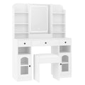 GDFStudio Avery Modern Glass Top Wood Makeup Vanity Desk with Stool, LED Mirror RGB Light Cabinets, White