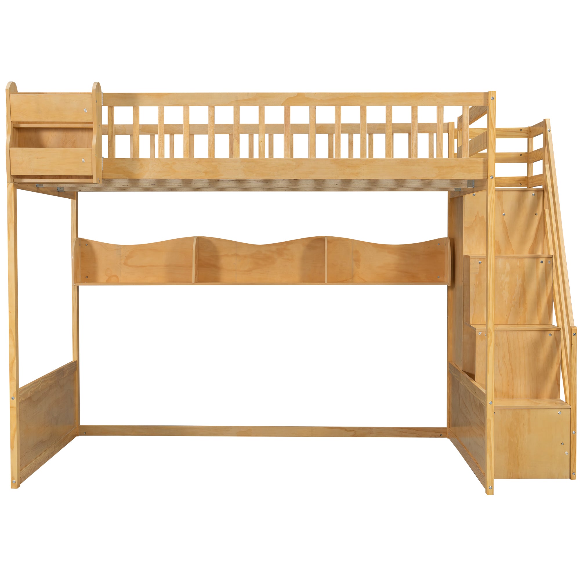 Queen Loft Bed with Wardrobe & Storage Shelves, Solid Wood Loft Bed with Staircase for Bedroom