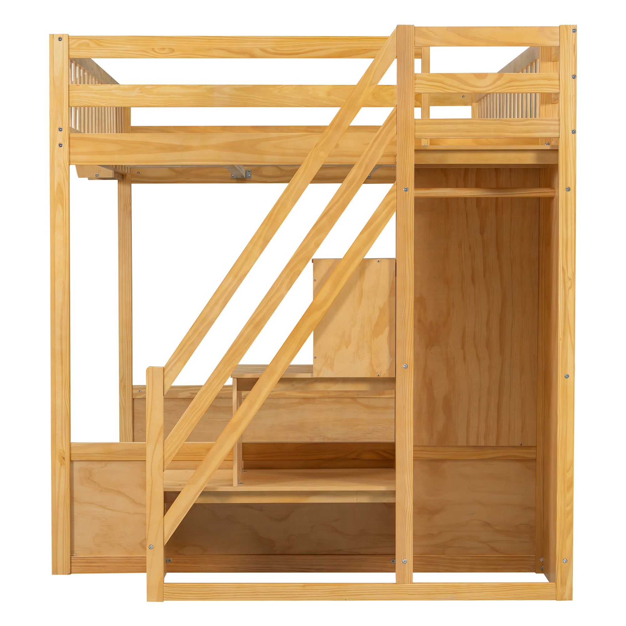 Queen Loft Bed with Wardrobe & Storage Shelves, Solid Wood Loft Bed with Staircase for Bedroom