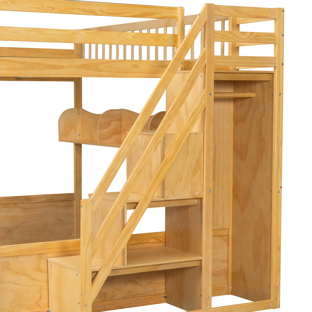 Queen Loft Bed with Wardrobe & Storage Shelves, Solid Wood Loft Bed with Staircase for Bedroom