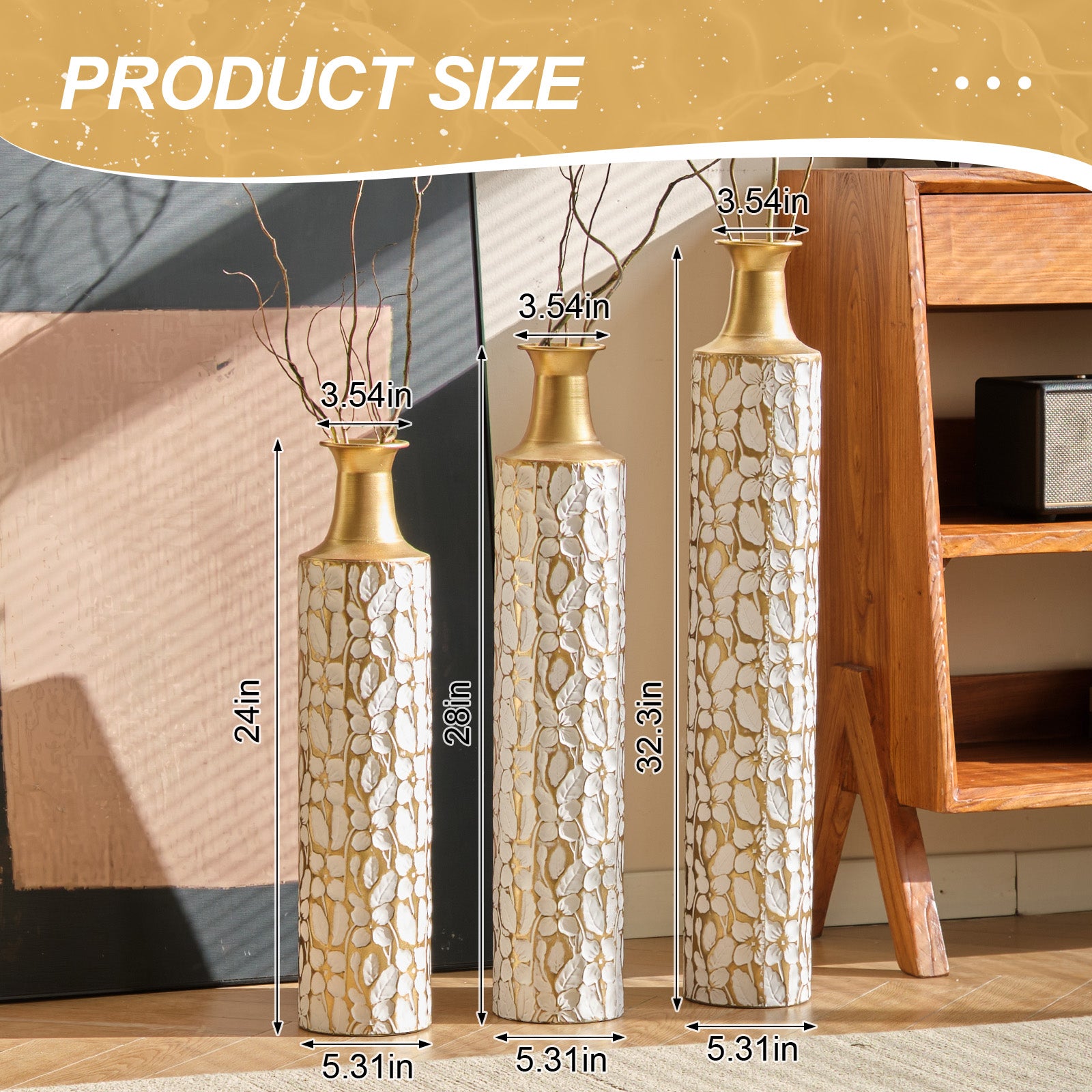 GDFStudio Resaca 3 Piece Decorative Metal Floor Vases, Gold/White