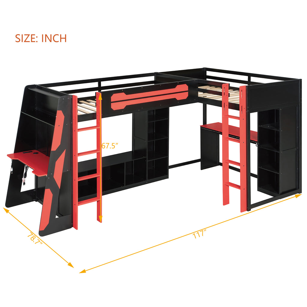 L-Shaped Twin Bunk Bed with LED Lights, USB Ports, TV Stand & Storage Shelves, Solid Wood Gaming Bed Frame