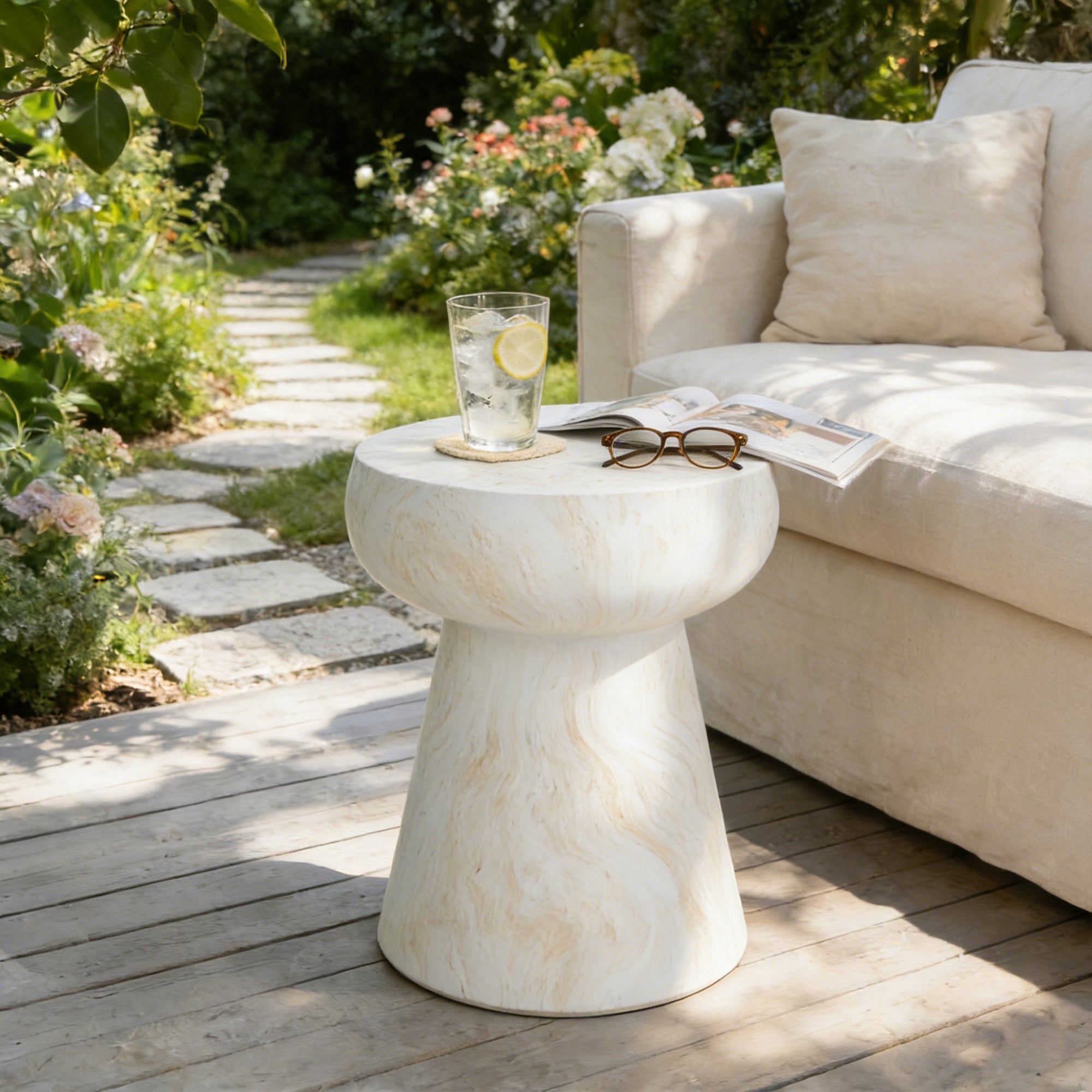 GDFStudio Rivera Modern Mushroom-Shaped Design Outdoor Coffee Table, Beige/Yellow