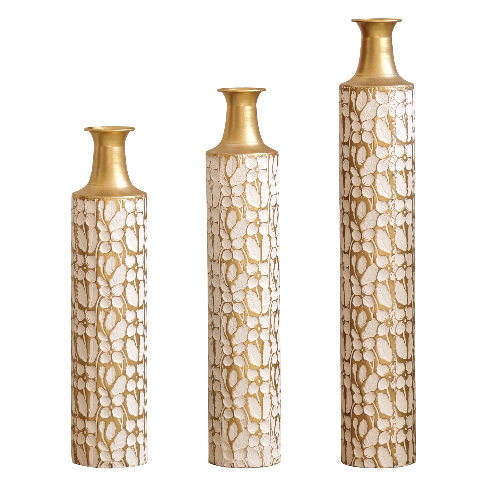 GDFStudio Resaca 3 Piece Decorative Metal Floor Vases, Gold/White