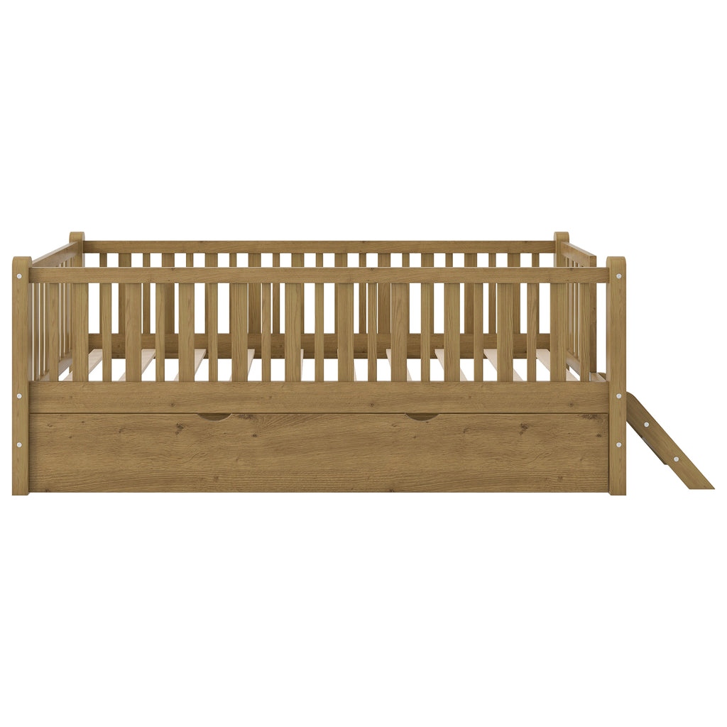 GDF Studio Kids Wooden Platform Bed with Semi-Enclosed Fence & Pull-Out Trundle