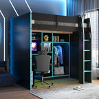 Full Size Gaming Loft Bed with Desk, LED Lights & Open Wardrobe, Space-Saving Loft Bed for Gamers & Small Rooms