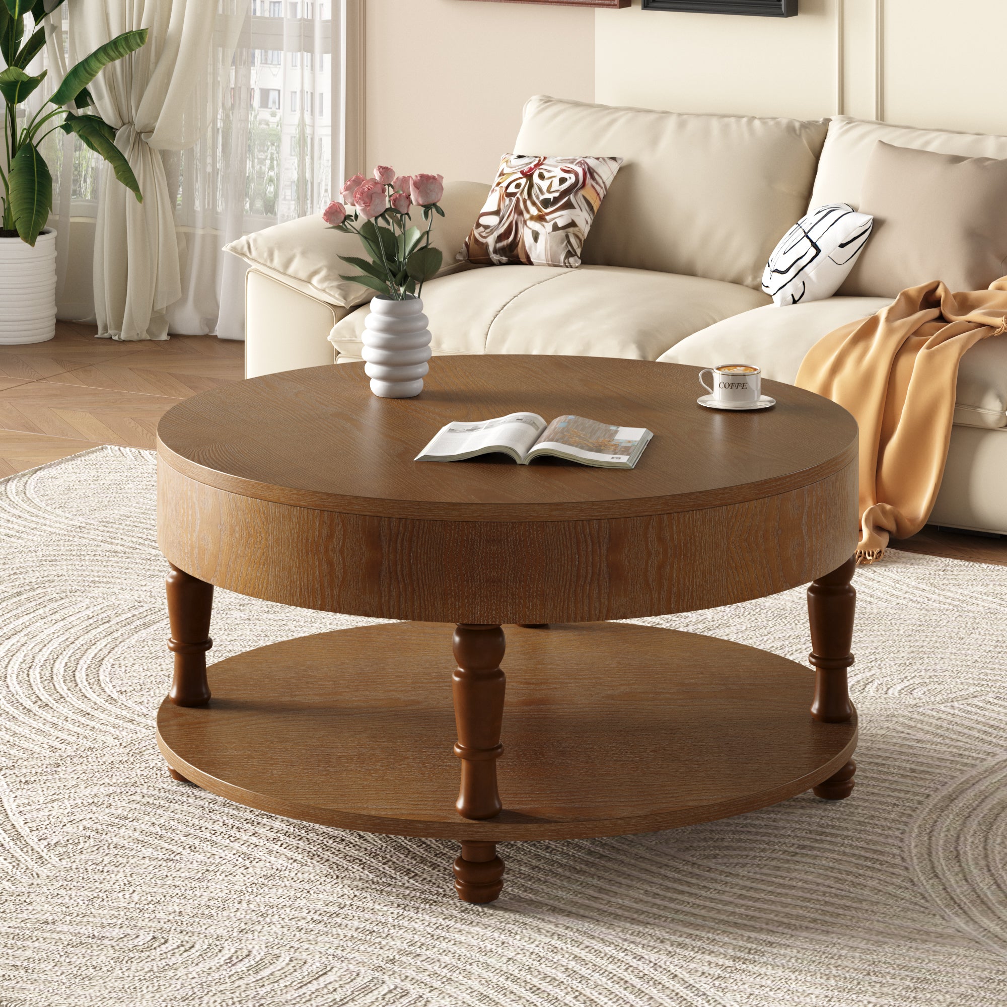 GDFStudio Navia Modern Wooden 31"Round Storage Coffee Table with Shelf, Walnut Brown