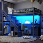 Bunk Bed with Stairs, Desk & LED Lights, Space-Saving Storage Bunk Bed with Drawers for Kids & Teens