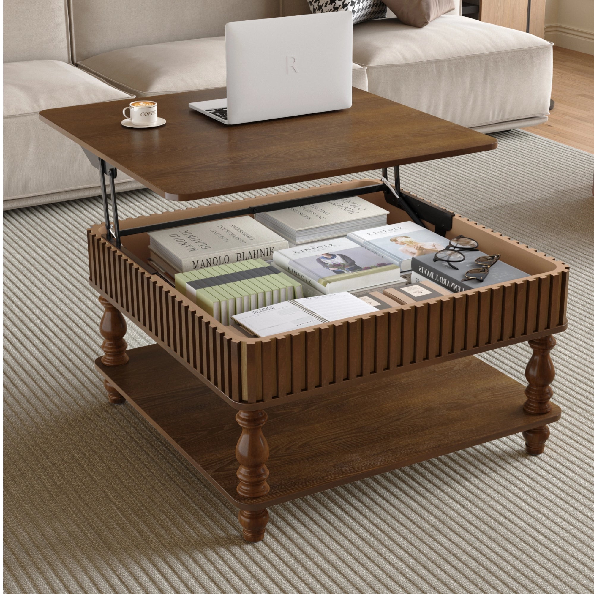 GDFStudio Melisande Mid-Century Modern Square Fluted Lift-Top Coffee Table with Hidden and Open Storage, Walnut Brown