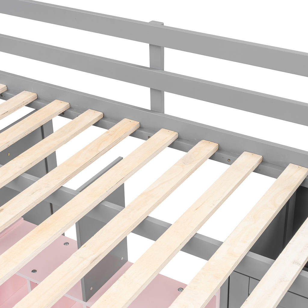 Wooden Loft Bed with Wardrobe & Colorful Storage Shelves, Space-Saving Teen Loft Bed with Reversible Stairs