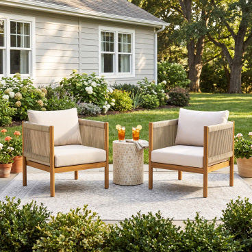 Christopher Knight Home Bradley Patio Modern Acacia Wood Club Chair Woven Rope Panels and Cushions, Teak/Beige/Cream, Set of 2