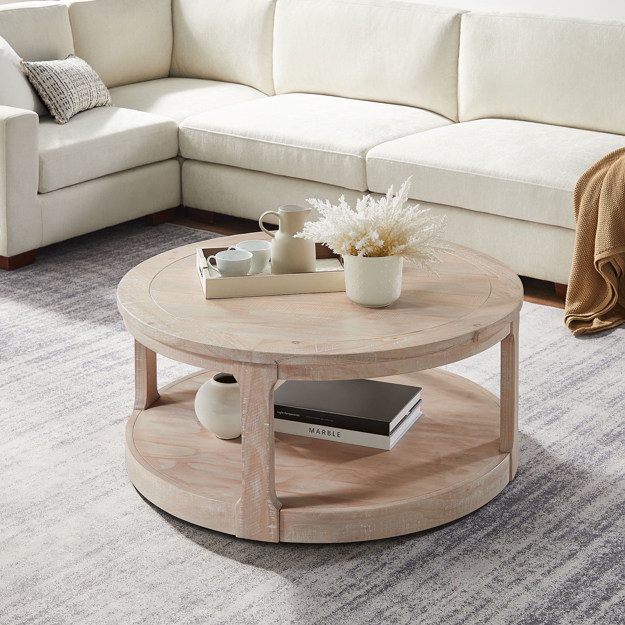 GDFStudio Sawmark 40" Round Wood Coffee Table, Oak