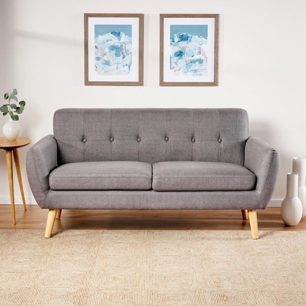 Mid-Century Modern Loveseat with Button-Tufted Waffle Stitch & Tapered Wood Legs ¨C Compact Small-Space Sofa