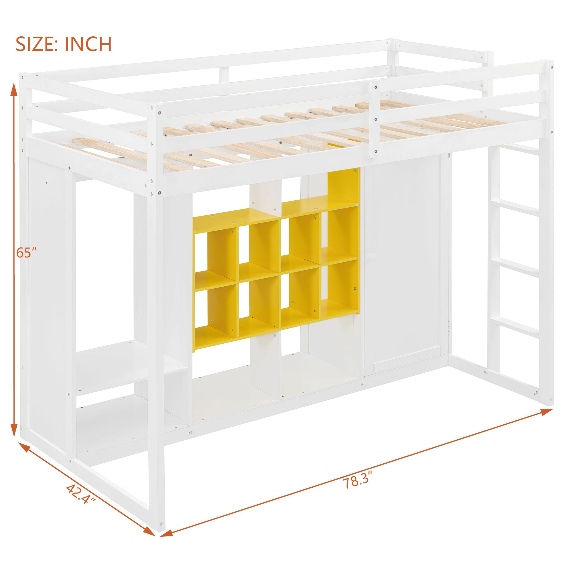 Wooden Loft Bed with Wardrobe & Colorful Storage Shelves, Space-Saving Teen Loft Bed with Reversible Stairs