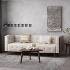 Stylish Mid-Century Modern Three-Seater Sofa with Button-Tufted Waffle Stitch