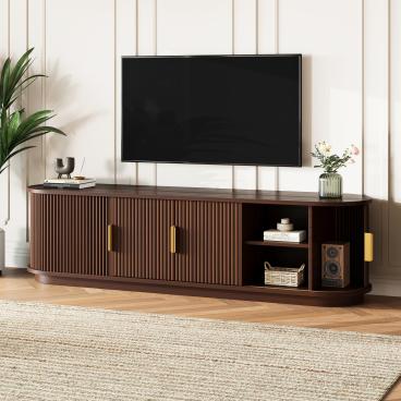 GDFStudio Roy Farmhouse Wooden TV Stand with Sliding Tambour Door and Adjustable Storage, Walnut