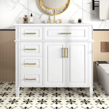 GDFStudio Ula 36" Pinewood Bathroom Vanity with Sink and Adjustable Shelf, White