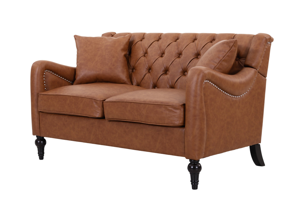 GDFStudio Ebbe 53  Faux Leather Upholstered Tufted Loveseat with Solid Wood Frame, Brown