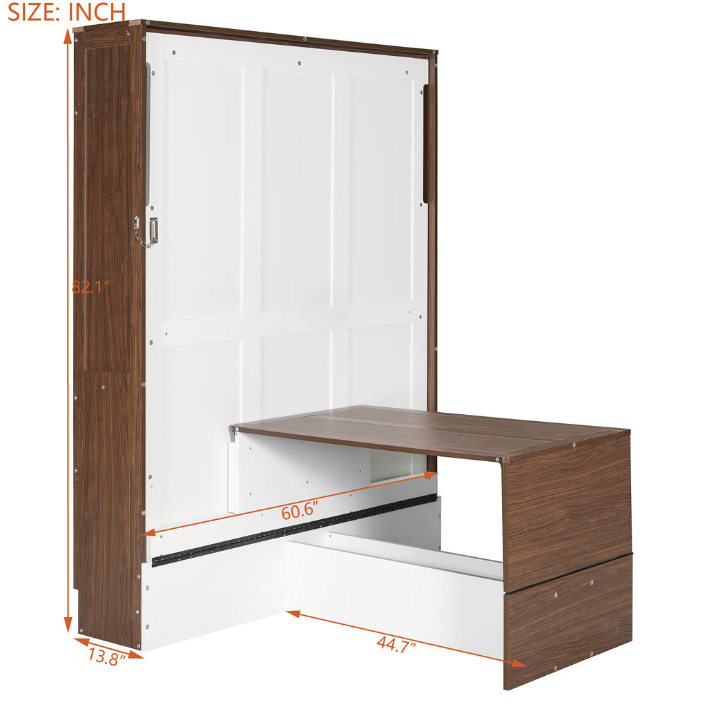 Full Size Murphy Bed with Foldable Desk, Modern Wall Bed in Walnut & White, Space-Saving Bed for Home Office & Guest Room