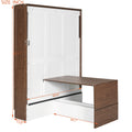 Full Size Murphy Bed with Foldable Desk, Modern Wall Bed in Walnut & White, Space-Saving Bed for Home Office & Guest Room
