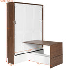 Full Size Murphy Bed with Foldable Desk, Modern Wall Bed in Walnut & White, Space-Saving Bed for Home Office & Guest Room
