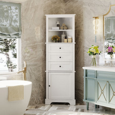 GDFStudio Dave Modern Wood Triangle Bathroom Storage Cabinet with 3 Drawers and Adjustable Shelves, White