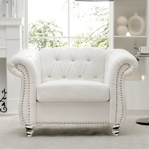 GDFStudio Wright Button-Tufted Upholstered?38" W Chesterfield Single Sofa with Acrylic Legs and Nailhead Trim, White
