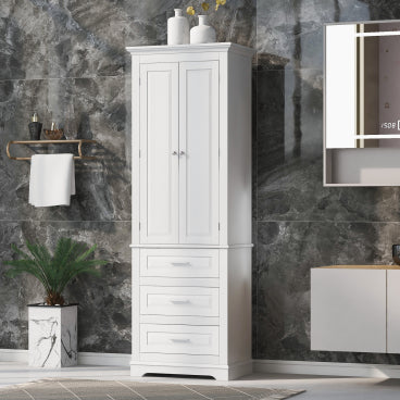 GDFStudio Evelyn Modern Wood Tall Bathroom Storage Cabinet with Enclosed Cabinet, Adjustable Shelf and Three Drawers, White