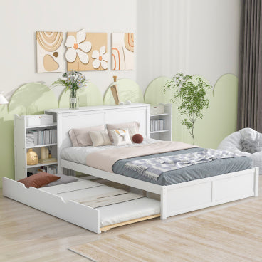 GDFStudio Dunn Storage Platform Bed with Pull Out Shelves and Twin XL Size Trundle, White, Queen Size