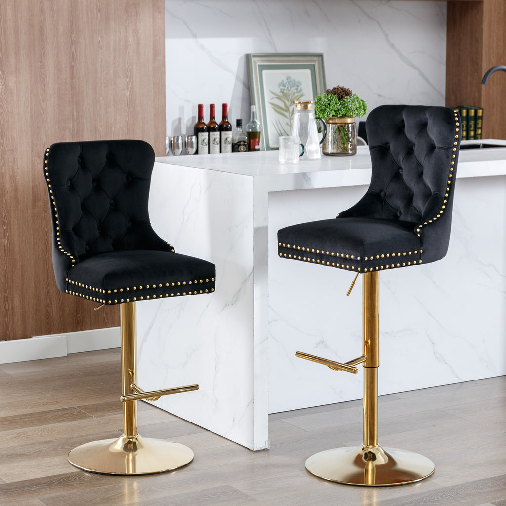 GDFStudio Ariana Modern 360? Swivel Velvet Upholstered Tufted Barstools with Adjustable Height (Set of 2), Black/Gold