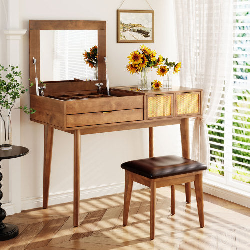 GDFStudio Vita Classic Wood Flip-Top Makeup Vanity Set with Hidden Mirror, 3 Storage Drawers and Cushioned Stool, Brown