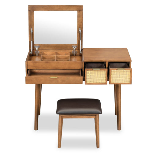 GDFStudio Vita Classic Wood Flip-Top Makeup Vanity Set with Hidden Mirror, 3 Storage Drawers and Cushioned Stool, Brown