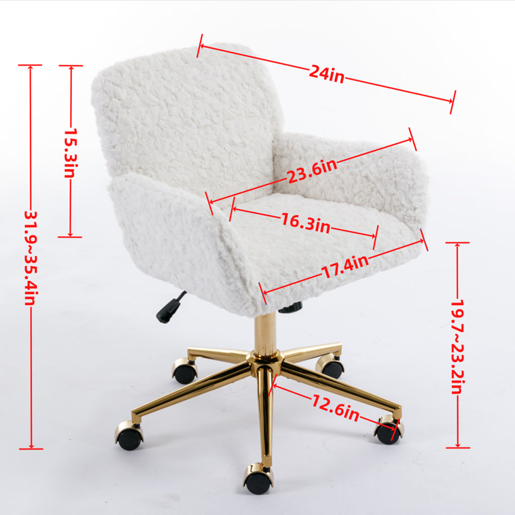 GDFStudio Webb Adjustable Faux Shearling Swivel Office Chair with Gold Metal Base, Pink