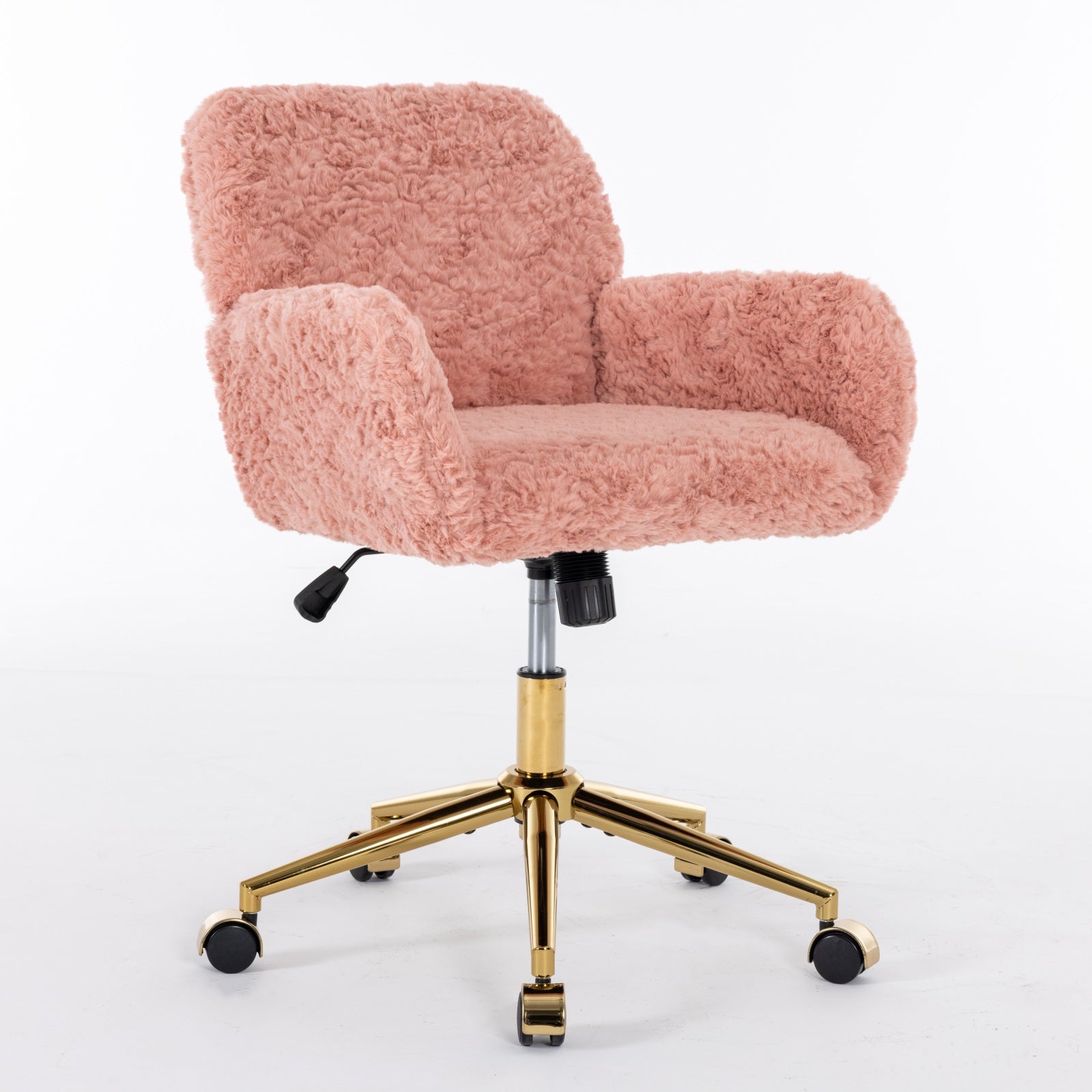 GDFStudio Webb Adjustable Faux Shearling Swivel Office Chair with Gold Metal Base, Pink