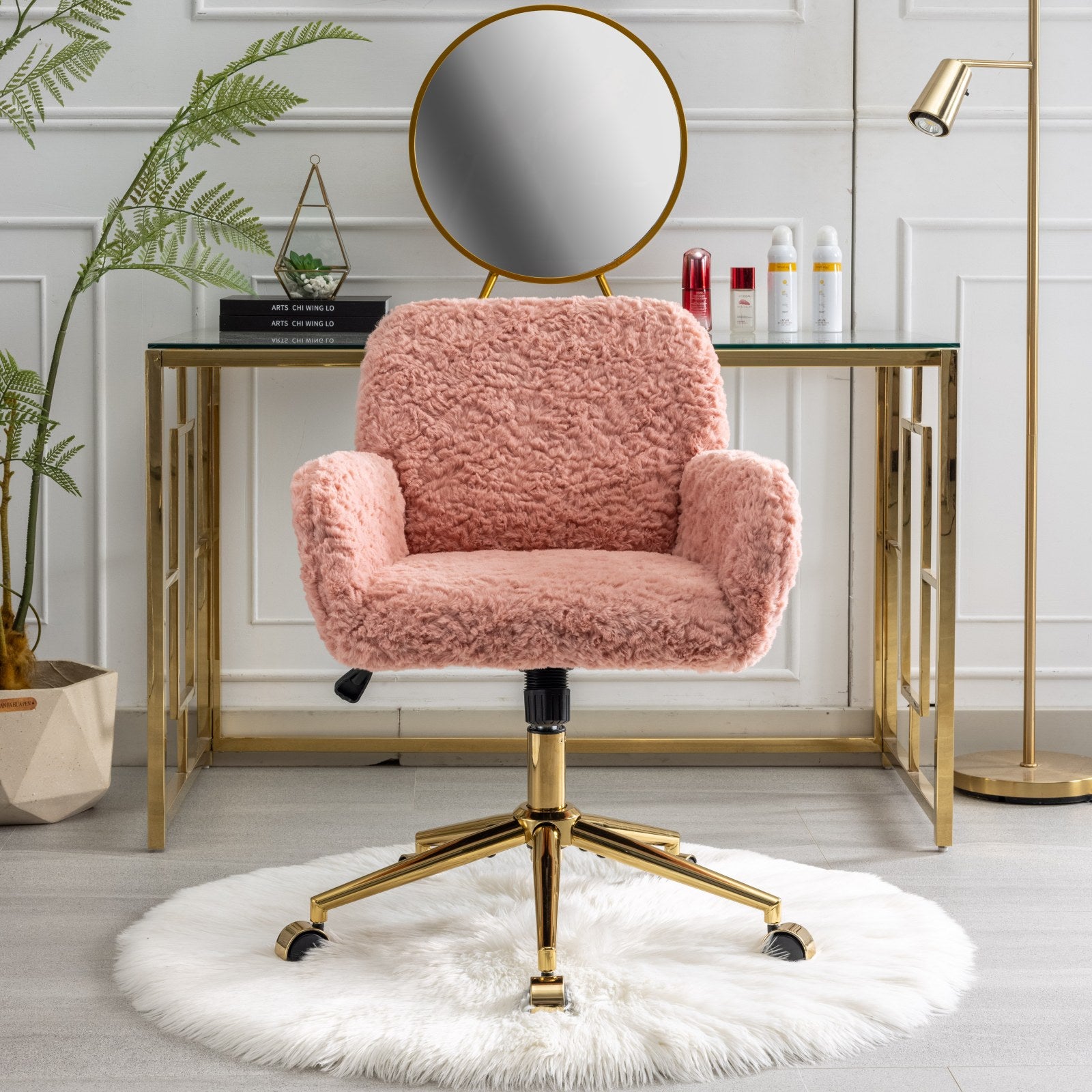 GDFStudio Webb Adjustable Faux Shearling Swivel Office Chair with Gold Metal Base, Pink