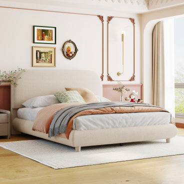 GDFStudio Oscar Full Size Teddy Fleece Upholstered Platform Bed with Curved Headboard and Footboard, Beige