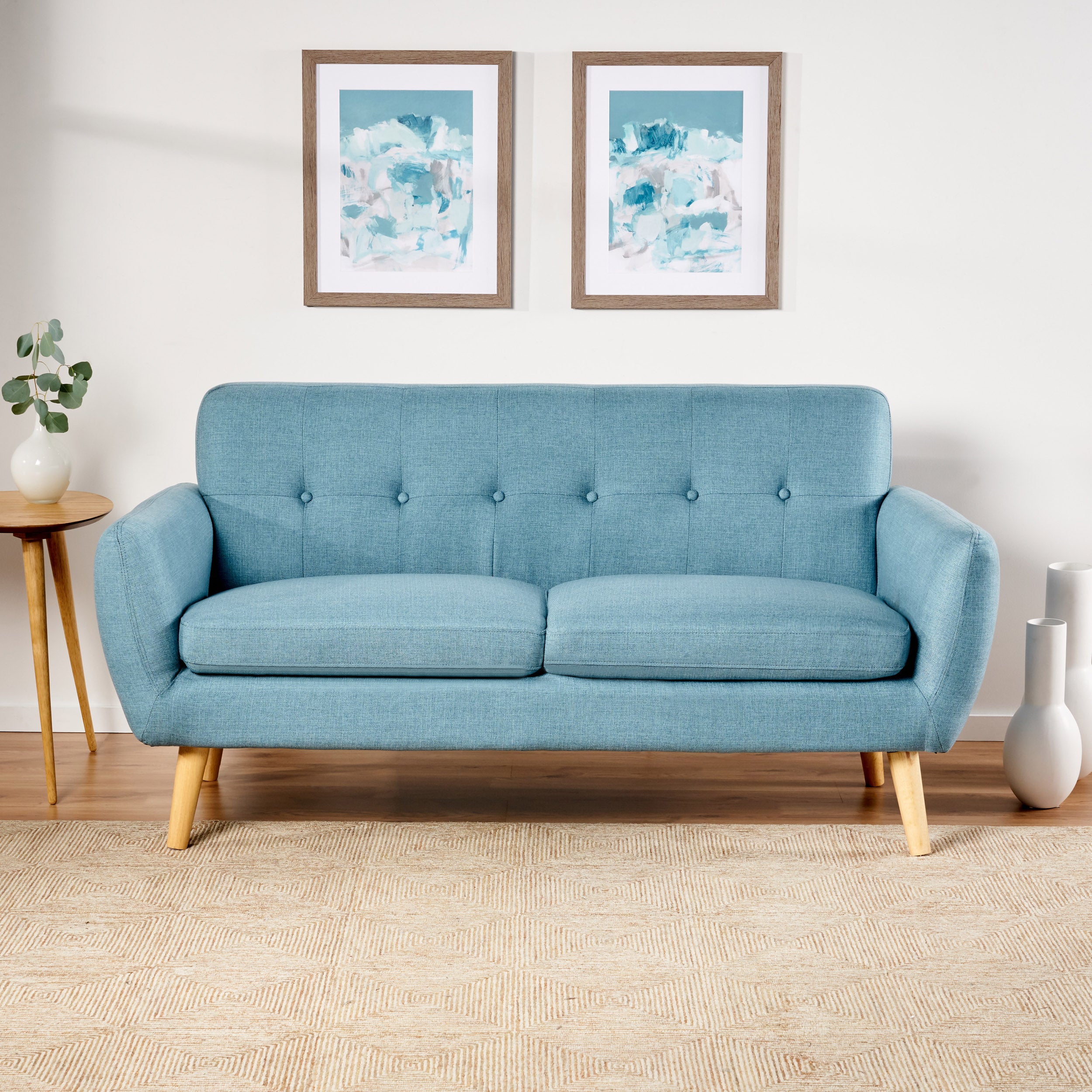 Mid-Century Modern Loveseat with Button-Tufted Waffle Stitch & Tapered Wood Legs ¨C Compact Small-Space Sofa