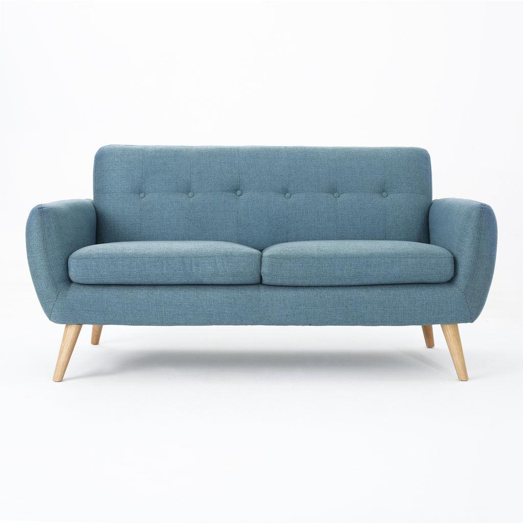 Mid-Century Modern Loveseat with Button-Tufted Waffle Stitch & Tapered Wood Legs Compact Small-Space Sofa