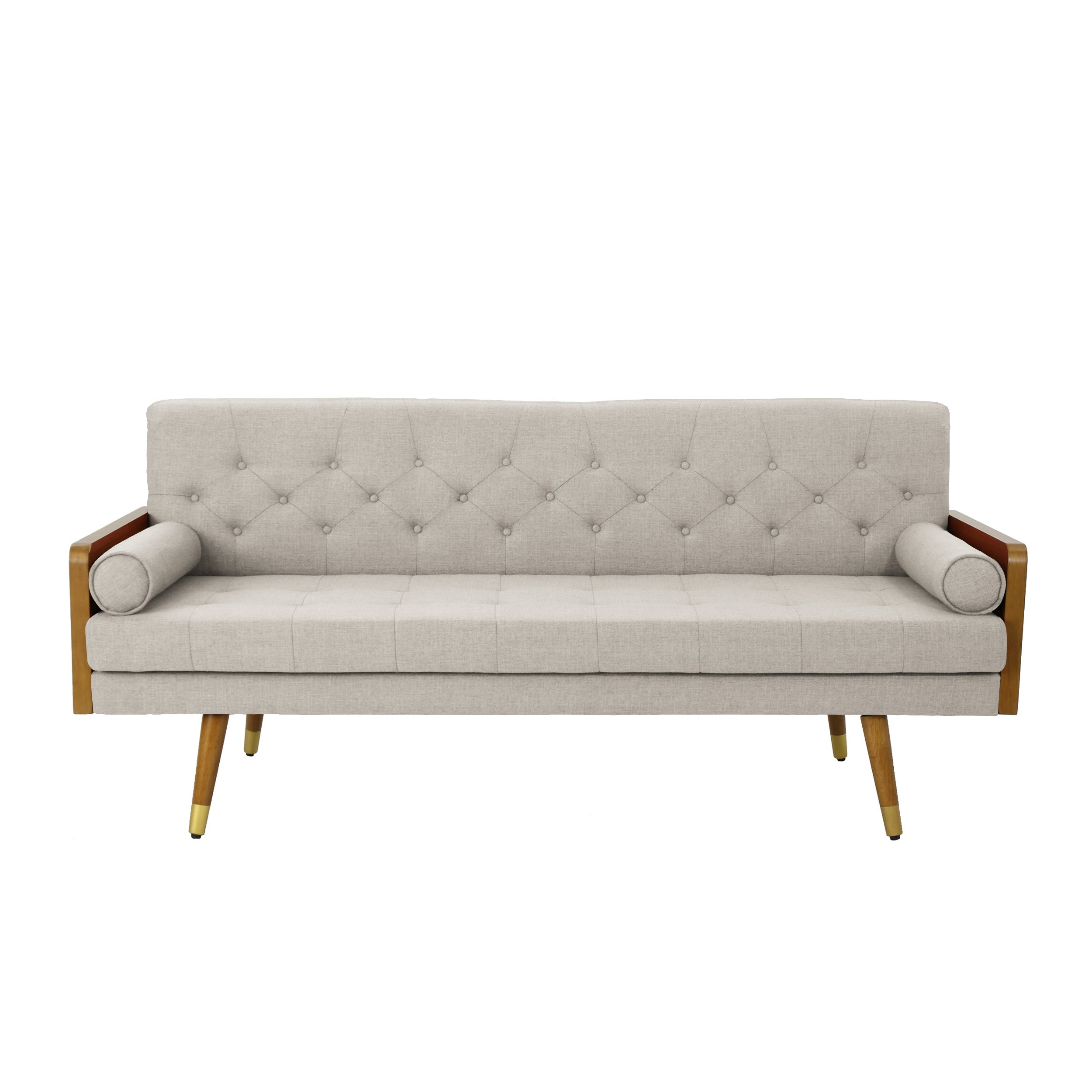 Mid-Century Modern Sofa with Button Tufting & Gold-Tipped Rubberwood Legs – Fabric Upholstered Living Room Couch