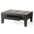 Brown Leather Storage Ottoman with Hidden Drawer & Hardwood Legs