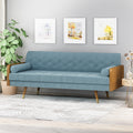 Mid-Century Modern Sofa with Button Tufting & Gold-Tipped Rubberwood Legs – Fabric Upholstered Living Room Couch