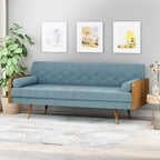 Mid-Century Modern Sofa with Button Tufting & Gold-Tipped Rubberwood Legs ¨C Fabric Upholstered Living Room Couch