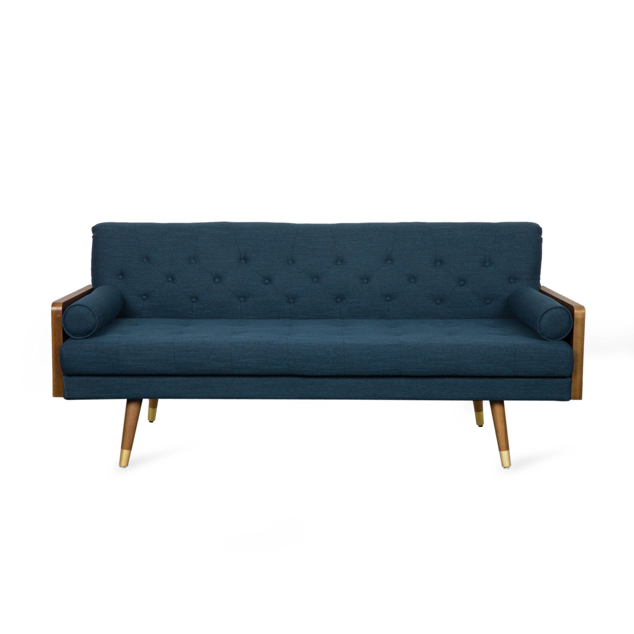 Mid-Century Modern Sofa with Button Tufting & Gold-Tipped Rubberwood Legs – Fabric Upholstered Living Room Couch