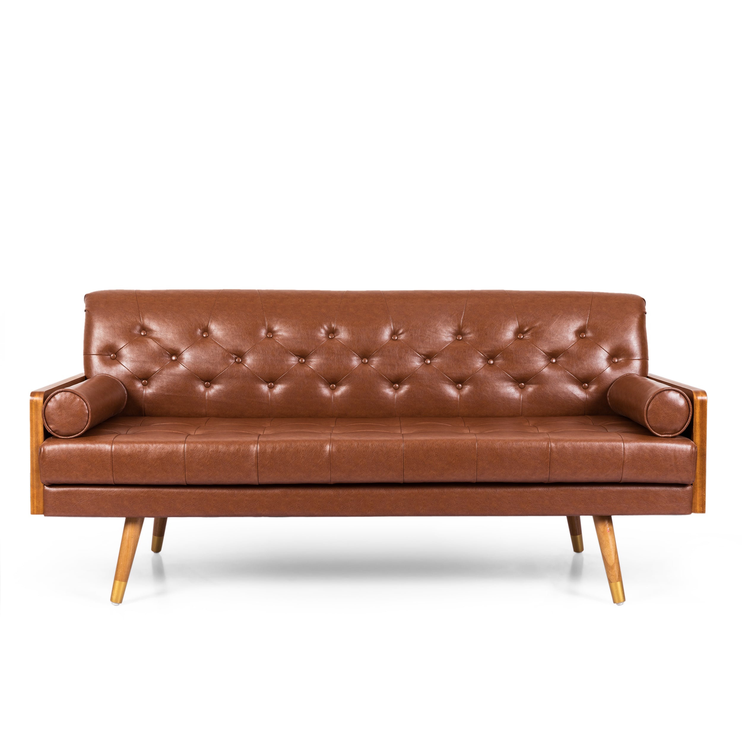 Mid-Century Modern Sofa with Button Tufting & Gold-Tipped Rubberwood Legs – Fabric Upholstered Living Room Couch