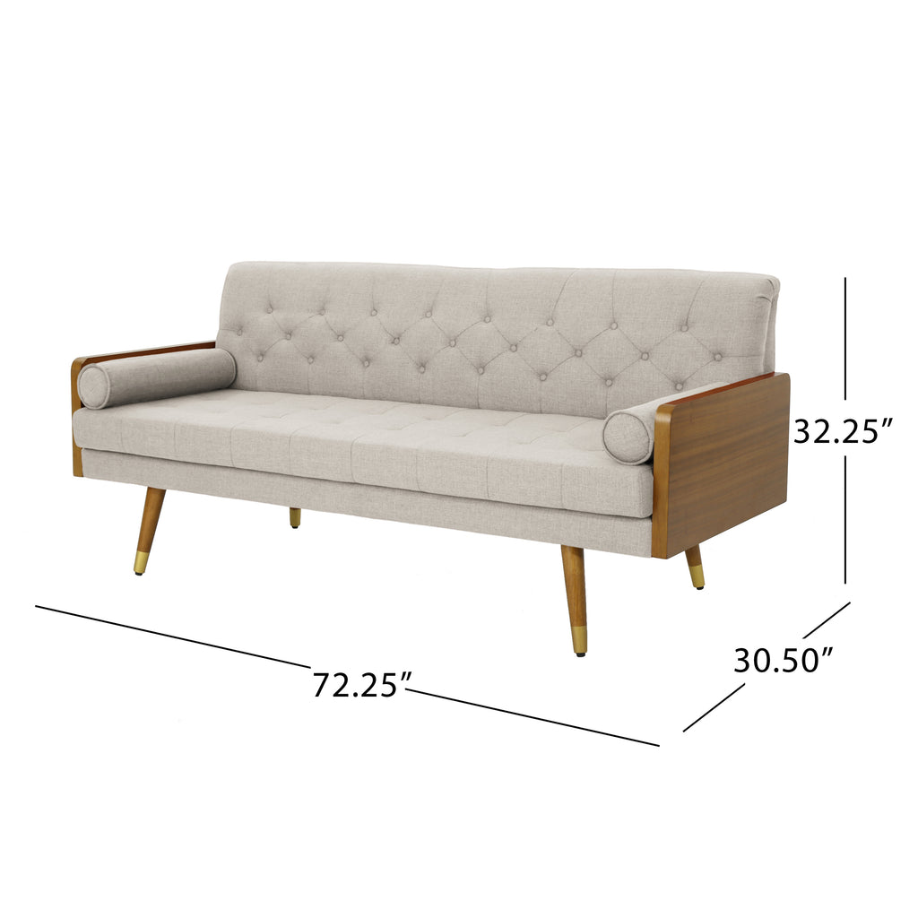 Mid-Century Modern Sofa with Button Tufting & Gold-Tipped Rubberwood Legs – Fabric Upholstered Living Room Couch