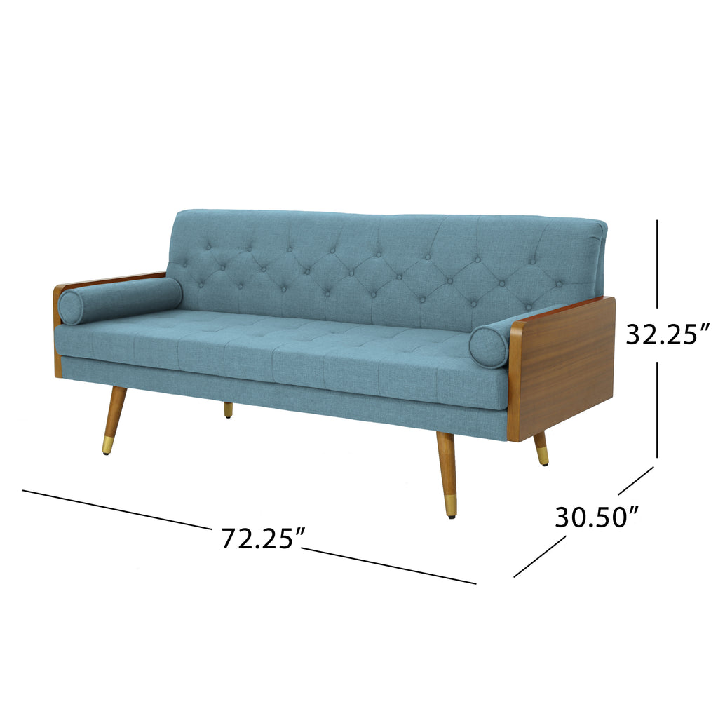 Mid-Century Modern Sofa with Button Tufting & Gold-Tipped Rubberwood Legs – Fabric Upholstered Living Room Couch